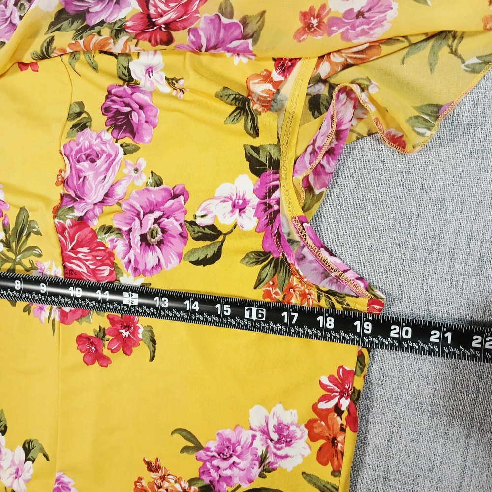 Yellow Boho Top Floral Flutter Sleeve Ruffle Front Blouse Large Semi Sheer - Picture 3 of 12